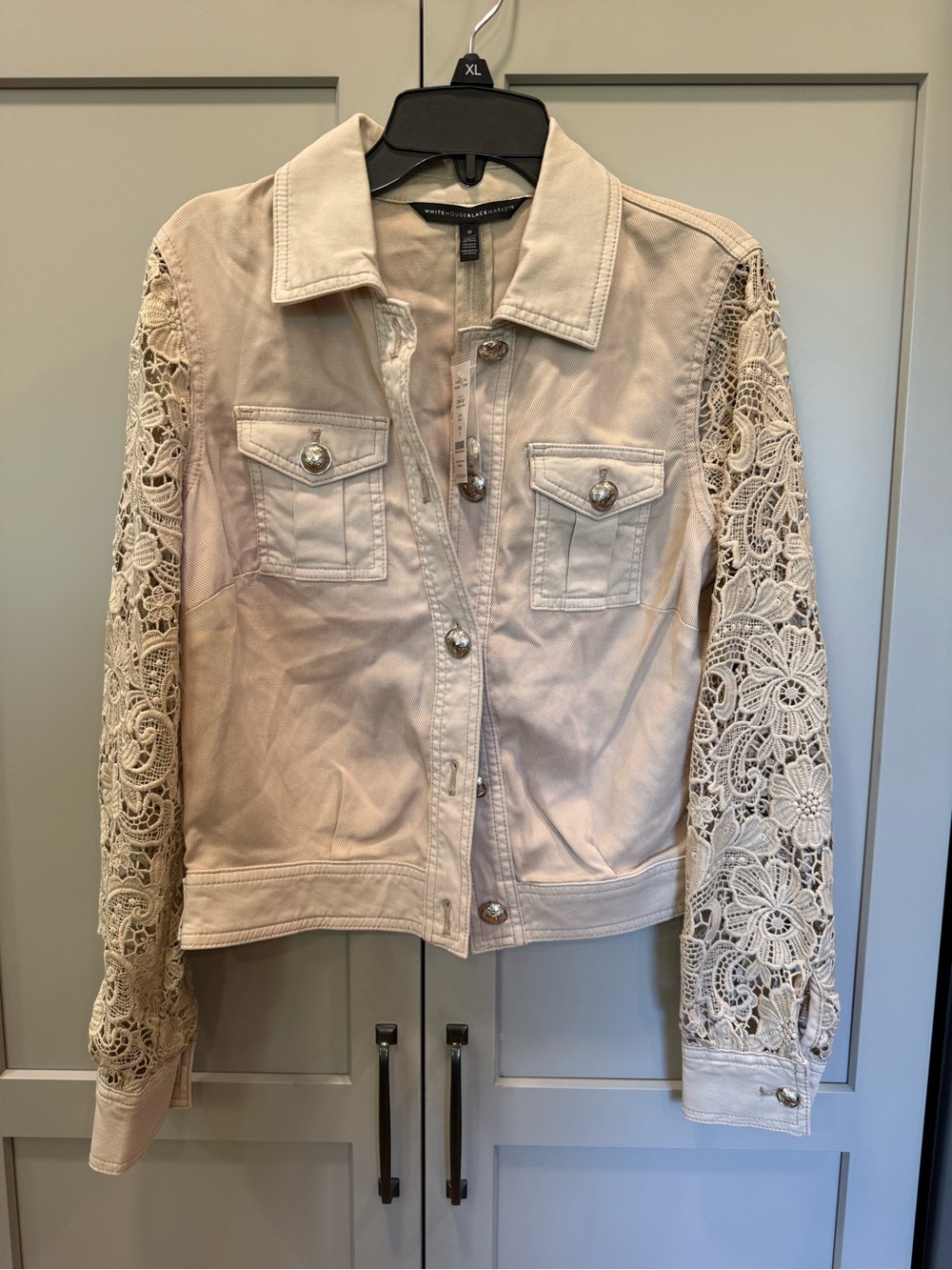 NWT White House Black Market Cream Lace-Sleeve Jean Jacket